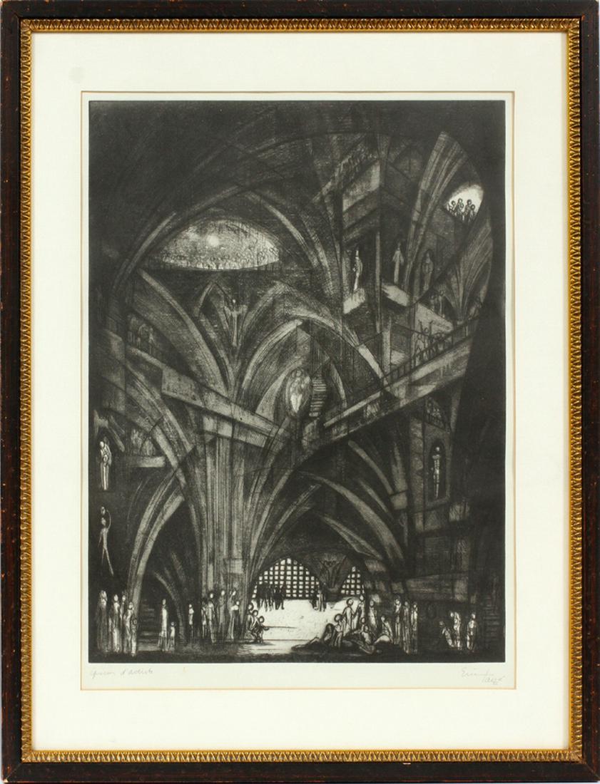 ERIC TAIZE, ETCHING ARCHITECTURAL INTERIOR: ERIC TAIZE, ETCHING H 21" W 15" ARCHITECTURAL INTERIOR :Pencil signed. Artist proof. Framed under glass.