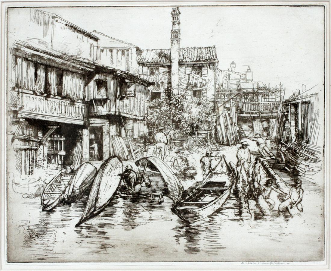 DONALD SHAW MAC LAUGHLIN, ETCHING, "SHIP BUILDERS": DONALD SHAW MAC LAUGHLIN, ETCHING, H 8 1/2'', W 11'', "SHIP BUILDERS":S.L.R. DATED ON VERSO. FRAMED AND MATTED UNDER GLASS. BORN CHARLOTTETOWN, PRINCE EDWARD ISLAND, CANADA 1876-DIED MARRAKESH, MOROCC
