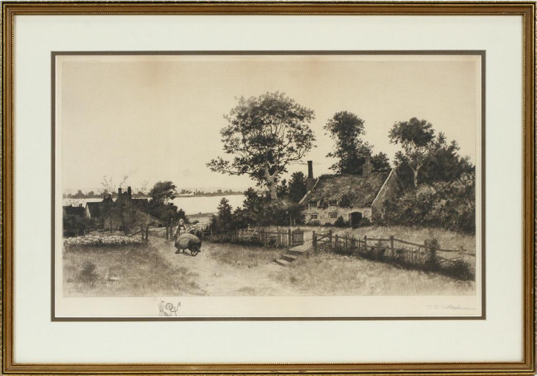 AMERICAN ETCHING ON PAPER, 1891: AMERICAN ETCHING ON PAPER, 1891, H 14.5", L 25.5", RIVERFRONT HOMESTEAD :This piece depicts a riverfront homestead featuring a thatched roof and a woman transporting hay. Illegible artist's signature 