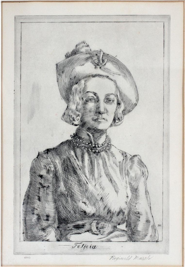REGINALD H. MARSH, ENGRAVING, POSTHUMOUS PRINTING: REGINALD H. MARSH, (AMERICAN, 1898-1954), ENGRAVING, POSTHUMOUS PRINTING, CIRCA H 9", W 6", "FELICIA" :Posthumous printing marked 'Repro"; estate signature; framed.
