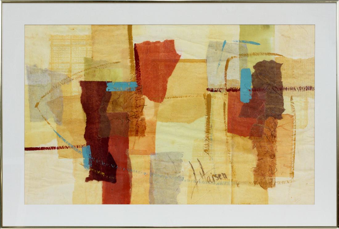 LAURA HAISEN, MIXED MEDIA WATERCOLOR COLLAGE: LAURA HAISEN, MIXED MEDIA WATERCOLOR COLLAGE, H 23", W 27" :Abstract in brown, yellow. Allen Rubiner Gallery. Frame size 29" x 43".