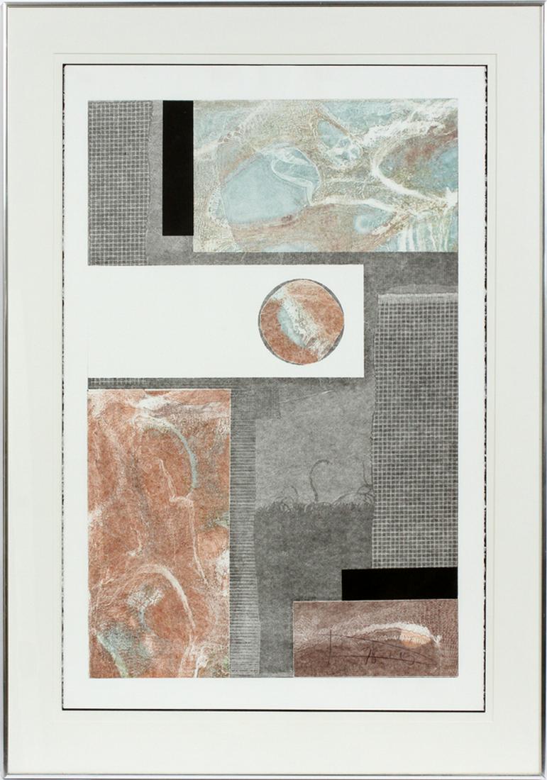 LAZLO DUS, MODERN INTAGLIO MONOPRINT: LAZLO DUS, MODERN INTAGLIO MONOPRINT, H 36", W 23", UNTITLED COMPOSITION :Pencil signed; custom frame, 48" x 34". 1978. Nice custom frame with stretcher bar and stabilizer stretcher.