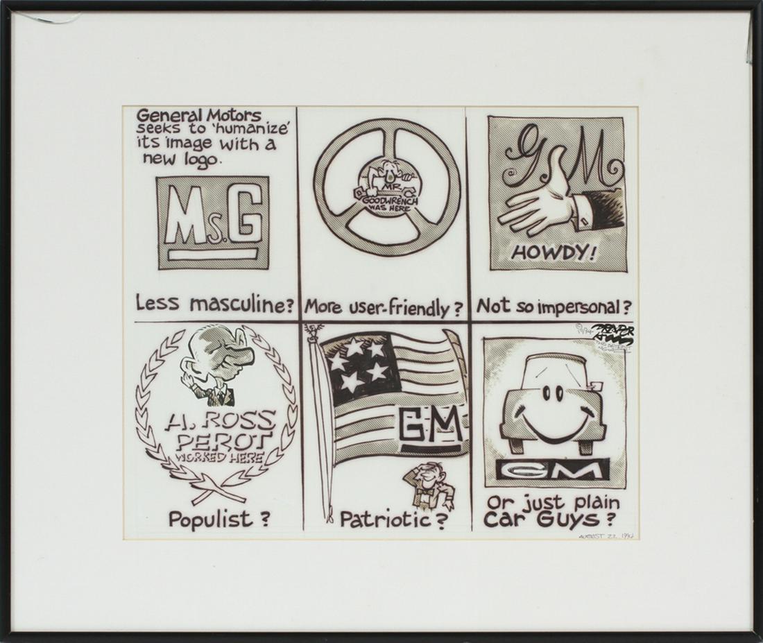 DRAPER HILL, 2 SIDED DRAWING, GENERAL MOTORS CARTOONS: DRAPER HILL (AMERICAN, 1935-2009), TWO SIDED DRAWING, DATED AUGUST 22, 1994, CA. 8 1/2" X 11", GENERAL MOTORS CARTOONS :The final design is in Ink on the recto with the preliminary sketches being in p