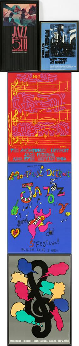 JAZZ FESTIVALS & ART POSTERS: JAZZ FESTIVALS & ART POSTERS, 1982-86, 5 PCS, H 39", L 27.75":A collection of Montreux Detroit Jazz Festival, a signed Detroit Institute of Arts commemorative poster and Romare Bearden exhibition post