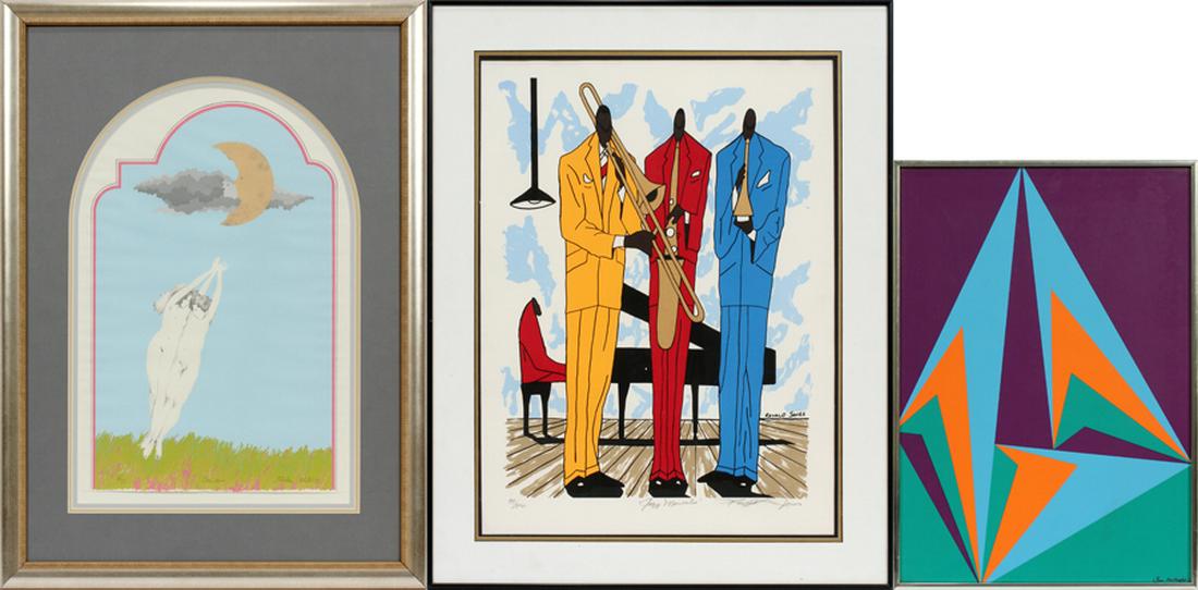 COLLECTION OF SERIGRAPH PRINTS, FEAT. BEN MUTHOFER: COLLECTION OF SERIGRAPH PRINTS, FEAT. BEN MUTHOFER, 3 PCS, H 23.25"-37":A collection of serigraph prints. Includes an abstract rendering by Ben Muthofer (German, b. 1937), "Dancers" (6/35) by Aleksis 