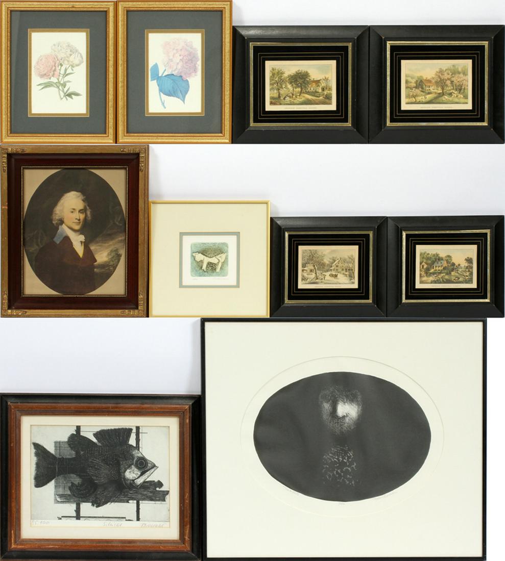 COLLECTION OF PRINTS, INC. CURRIER & IVES, 10 PCS: COLLECTION OF PRINTS, INC. CURRIER & IVES, 10 PCS, H 9.25"-16.25":A collection of print mediums and compositions. Includes a photogravure of John Quincy Adams, four offset lithographs after Currier & 
