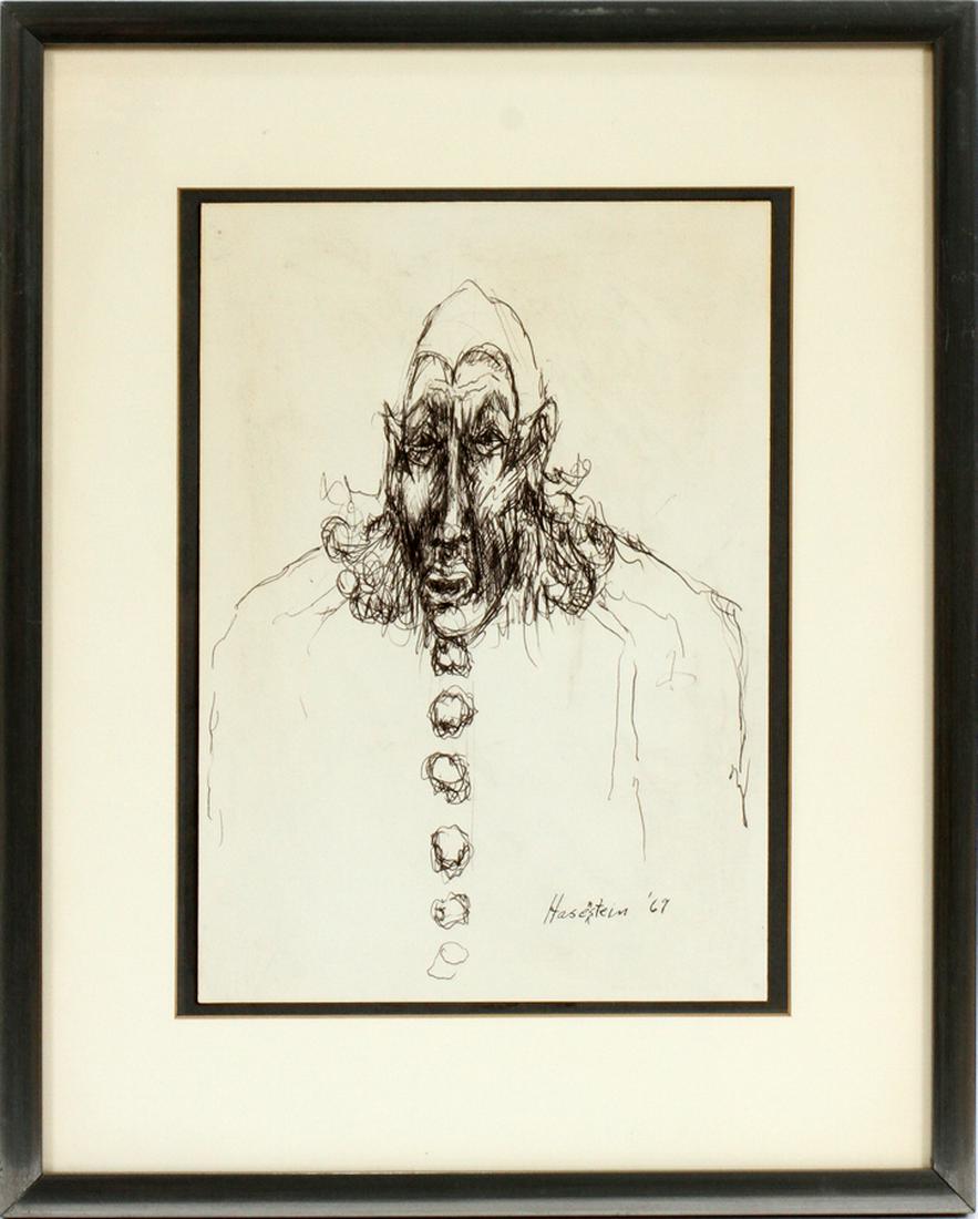 TIMOTHY HASENSTEIN, INK ON PAPER: TIMOTHY HASENSTEIN (AMERICAN, B. 1940), INK ON PAPER, H 10 1/2", L 7 1/2", CLOWN :An ink drawing by listed American artist Timothy Hasenstein. This piece depicts a gestural rendering of a clown. Artis