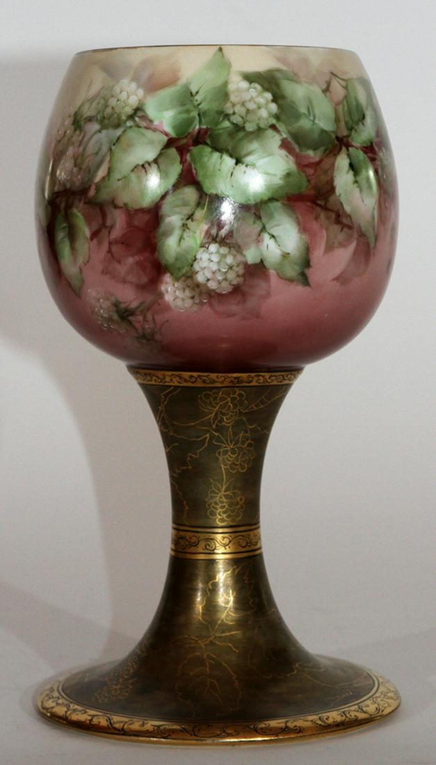 T&V LIMOGES HAND-PAINTED PORCELAIN CHALICE, C1900: T&V LIMOGES HAND-PAINTED PORCELAIN CHALICE, C1900, H 10", DIA 5.5":A hand-painted T&V Limoges porcelain chalice. This piece features a berry and leaf motif with gilt accents. Maker's mark and artist's