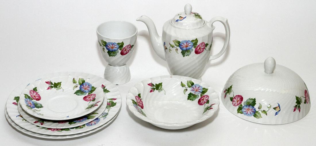 BURLEIGH WARE IRONSTONE BREAKFAST SET, 8 PIECES: BURLEIGH WARE IRONSTONE BREAKFAST SET, 8 PIECES :INCLUDES TEAPOT, EGG CUP, WARMING COVER, SAUCER, BOWL, AND PLATES. FROM THE GEORGE AND PENNY SIMON COLLECTION, GROSSE POINTE FARMS, MICHIGAN.