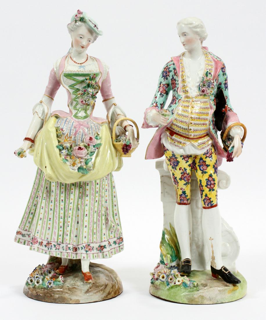 MEISSEN PORCELAIN FIGURINES, 2 PCS, H 14", DIA 5": MEISSEN PORCELAIN FIGURINES, 2 PCS, H 14", DIA 5":A pairing of Meissen porcelain figurines. Each piece depicts a French Rococo style figure clad in period wear. Having signature Meissen branding to th