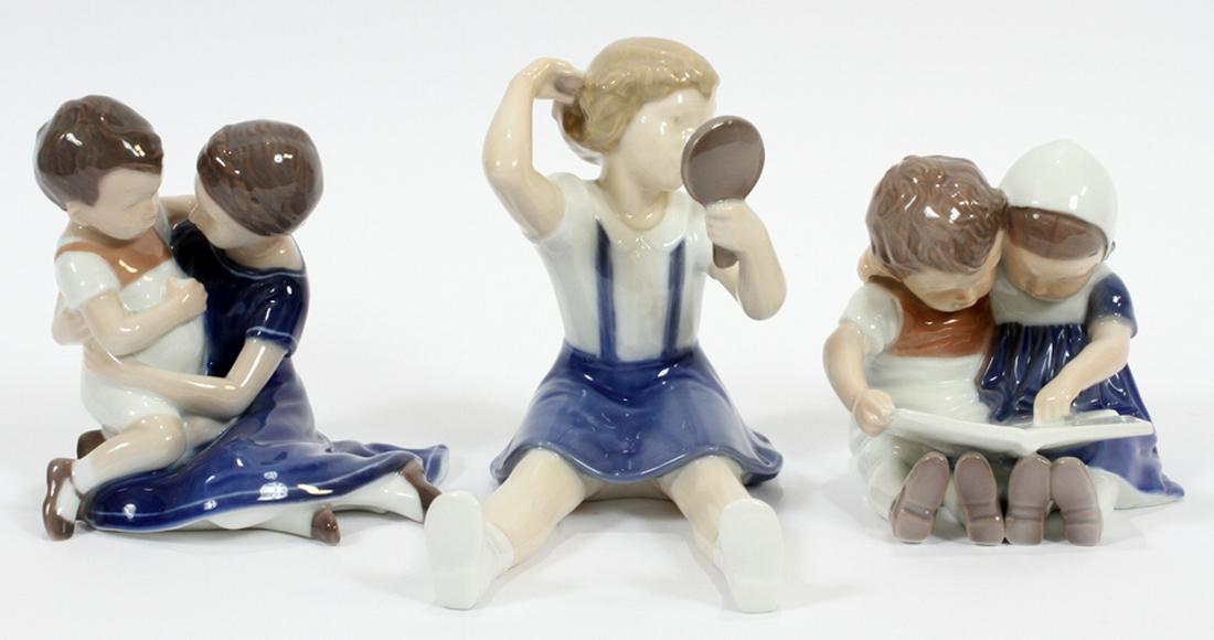 BING & GRONDAHL, PORCELAIN CHILDREN, 6 PCS, H 3"-5": BING & GRONDAHL, PORCELAIN CHILDREN, 6 PCS, H 3"-5" :Includes: girl with mirror, children with book, and a girl with baby boy. Boy with puppy H 6.5", boy with building blocks H 4", boy playing floor g
