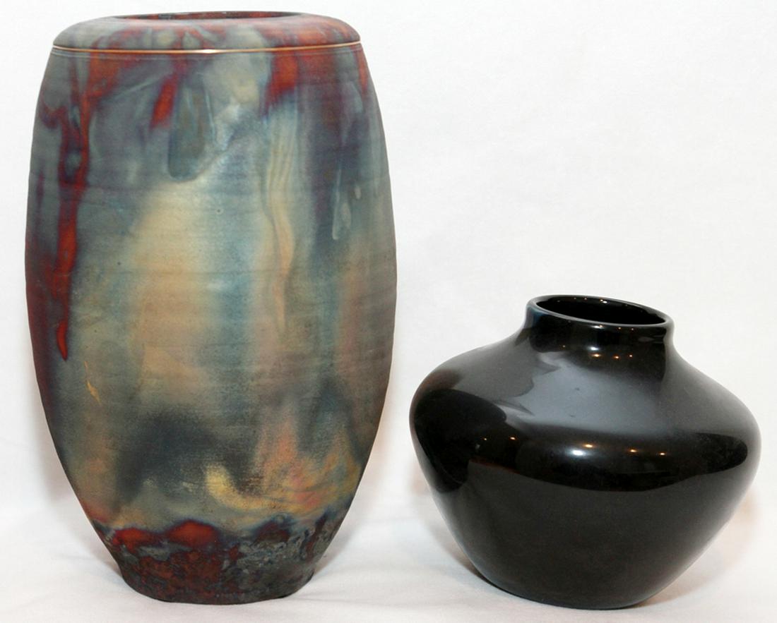 BRIAN JOHNSON ART POTTERY VASE, PLUS ANOTHER: BRIAN JOHNSON CONTEMPORARY ART POTTERY VASE, PLUS ANOTHER :Vandermark black vase, H 6", 1985; Brian Johnson pottery vase, H 11". From an elegant estate on Park Place Court, Bloomfield Hills, Mi.
