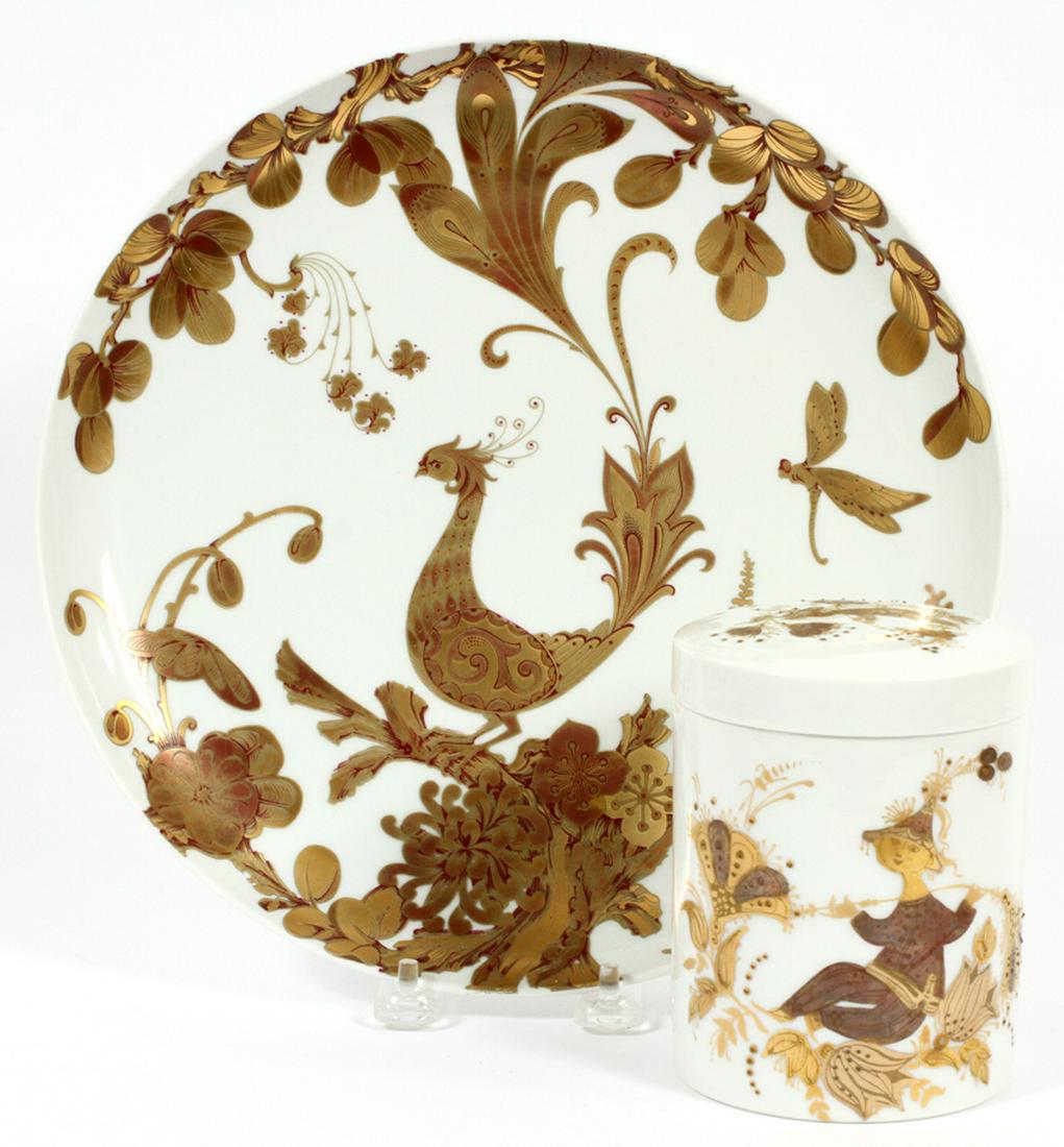 ROSENTHAL AND KAISER PORCELAIN JAR AND CHARGER: ROSENTHAL AND KAISER PORCELAIN JAR AND CHARGER H 5" DIA 11" :Rosenthal covered jar designed by Bjorn Winblad H 5". Kaiser "Serenade" charger Dia 11".