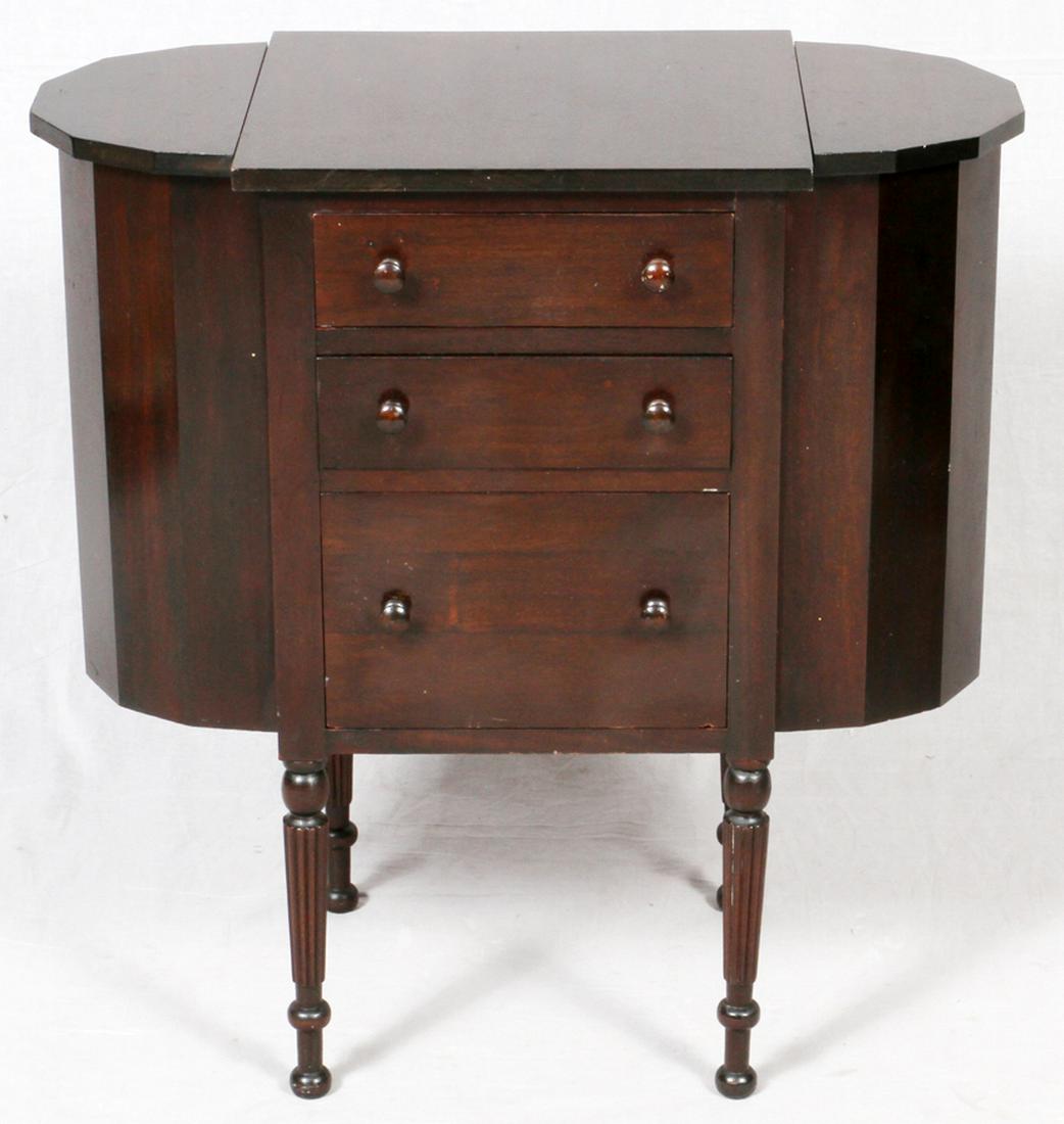 MARTHA WASHINGTON STYLE MAHOGANY SEWING CABINET: MARTHA WASHINGTON STYLE MAHOGANY SEWING CABINET, CIRCA 1940 :Having three drawers and a double hinged lid.