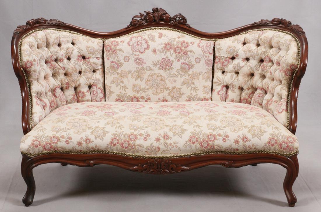 VICTORIAN SETTEE 19TH CENTURY H 32" L 54" D 22": VICTORIAN SETTEE 19TH CENTURY H 32" L 54" D 22" :The settee has a serpentine shape with a carved wooden edge along back that is carved in a fruit motif at the center and at each side of the back. With