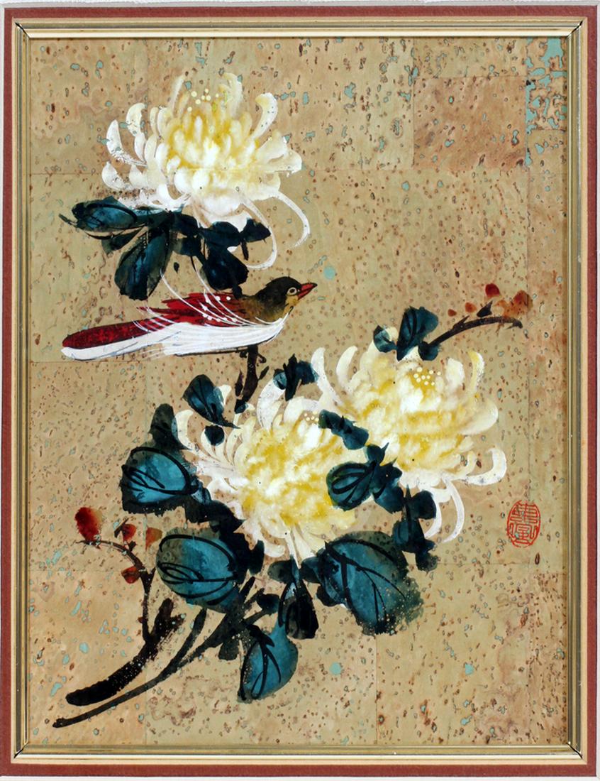 STEPHEN C. F. YU, CHINESE WATERCOLOR SIGNED YU: STEPHEN C. F. YU (CHINA B1942), CHINESE WATERCOLOR SIGNED YU, SIGHT: H 10", W 8", "FLORAL" :Bird with mums; framed (17" x 15"). Stephen C. F. Yu was born in China in 1942. Oxford Galleries 1987 certif