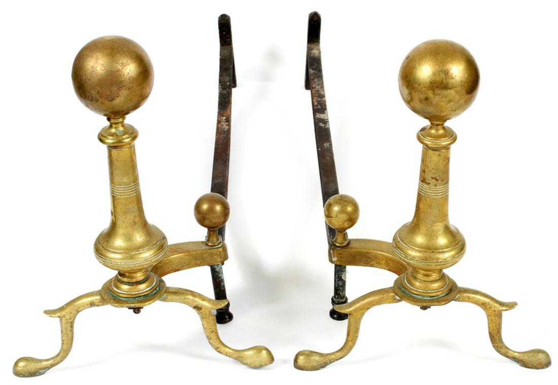 BRASS ANDIRONS, PAIR, H 15 1/2", L 11 1/2": BRASS ANDIRONS, PAIR, H 15 1/2", L 11 1/2":Circa 1900.