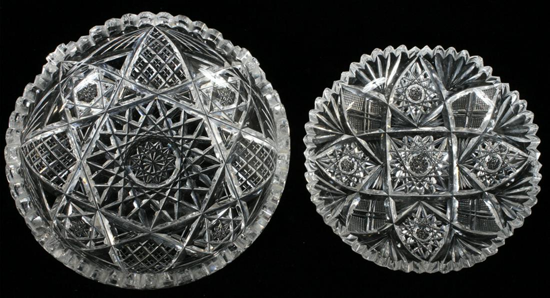 AMERICAN HAND CUT GLASS DISHES, C. 1900, 2 PIECES: AMERICAN HAND CUT GLASS DISHES, C. 1900, 2 PIECES, DIA 6"-7" :Each hand cut with sawtooth edge, having a hobstar and diamond motif.