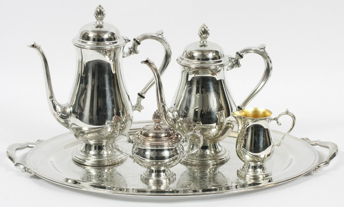 ONEIDA SILVER PLATE TEA SET, 5 PCS., H 5"- 11 1/4": ONEIDA SILVER PLATE TEA SET, 5 PCS., H 5"- 11 1/4" :INCLUDING 1 COFFEE POT, 1 TEAPOT, 1 CREAMER, 1 COVERED SUGAR, AND ONE TRAY. DECORATED WITH DELICATE BEADING, AS WELL AS CHASED SHELL AND SCROLLING D