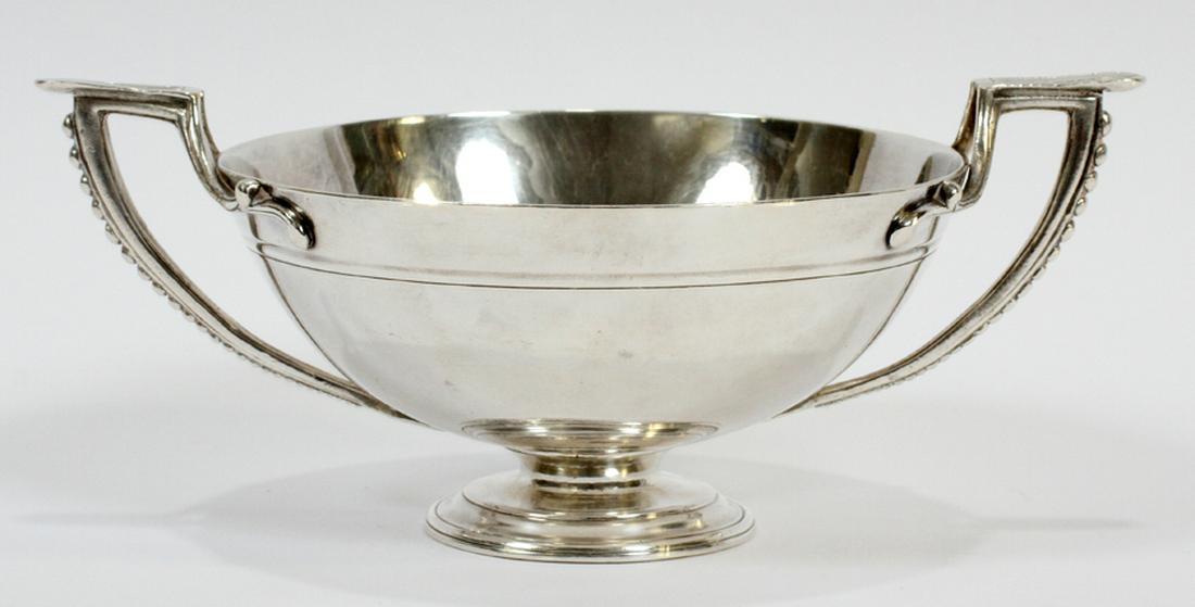 CHRISTOFLE DOUBLE HANDLE SILVER PLATE BOWL: CHRISTOFLE DOUBLE HANDLE SILVER PLATE BOWL, H 3.25", L 8" :Having bead work on each handle and marked on the underside Christofle 998193. Monogrammed.