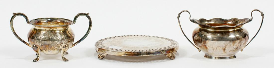 STERLING AND SILVERPLATE TABLEWARE: STERLING AND SILVERPLATE TABLEWARE, 3 PIECES, H 2 1/4"-9 1/2" :Including 1 trivet, 2 sugar bowl,