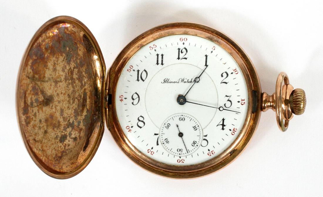 ILLINOIS WATCH CO. LADIES POCKET WATCH: ILLINOIS WATCH CO. LADIES POCKET WATCH, C. 1909, H 2.75", W 2":An Illinois Watch Co. ladies pocket watch. Having a bright polished case, circular bow, and notched crown. Offers Arabic numerals and not