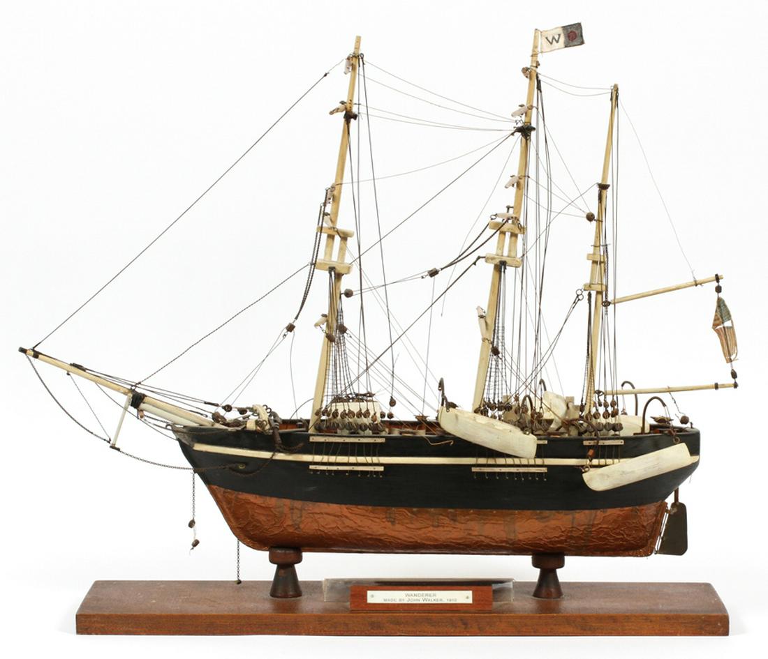 JOHN WALKER, WOOD, STRING, CLOTH SHIP MODEL: JOHN WALKER, WOOD, STRING, CLOTH SHIP MODEL C. 1910 H 23" L 29" "WANDERER" :A wooden ship model depicting the famous nineteenth century slave ship the "Wanderer." Captain Corrie took his luxurious yac