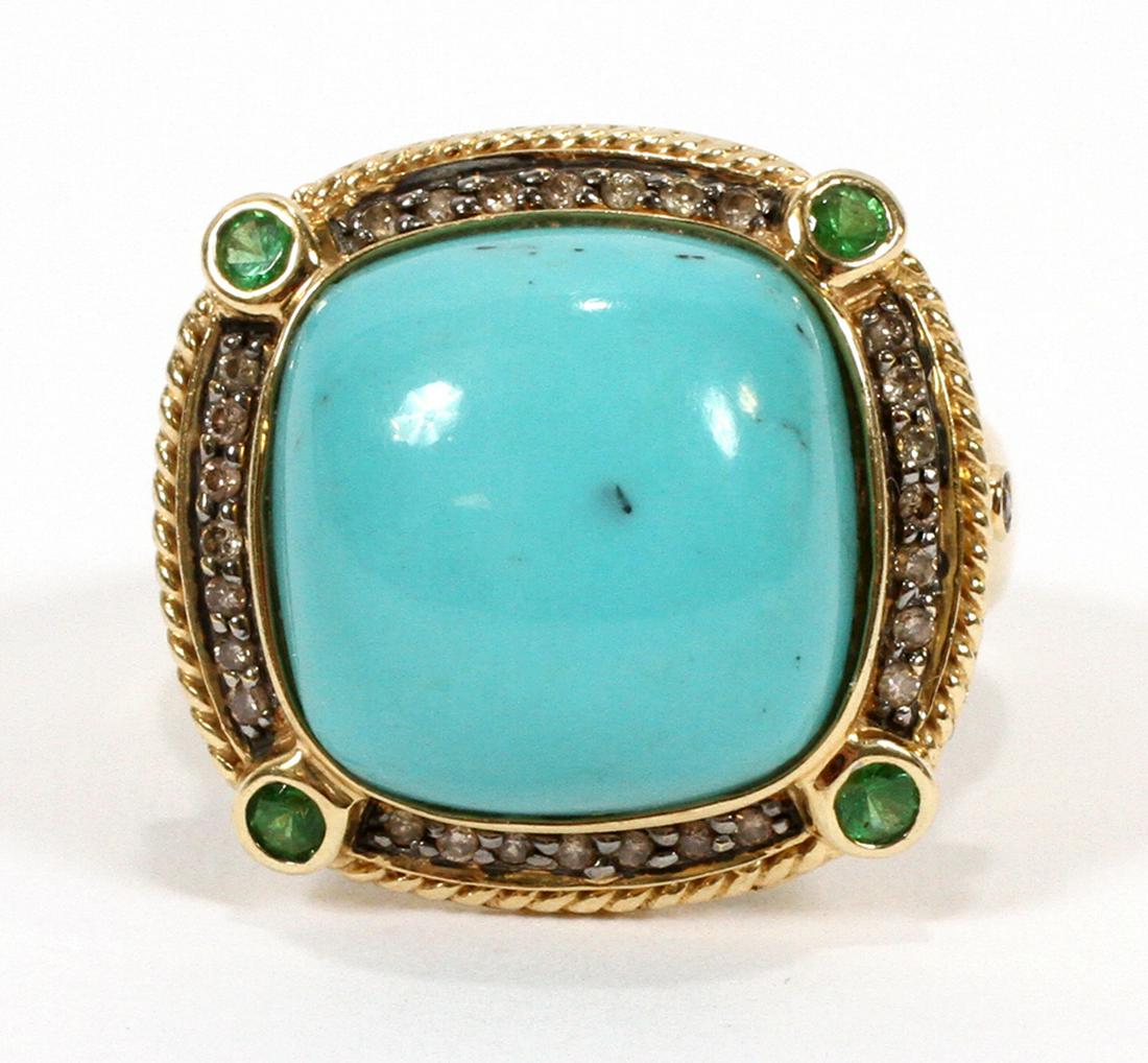 TURQUOISE, TSAVORITE, & 0.20CT DIAMONDS GOLD RING: 15CT NATURAL TURQUOISE, 0.20CT TSAVORITE, & 0.20CT DIAMONDS 14KT YELLOW GOLD, RING, SIZE 8, TW 5.8 GR :15ct Natural Turquoise, 0.20ct Tsavorites & 0.20 ct of diamonds, 14kt yellow gold ring, size 8, T