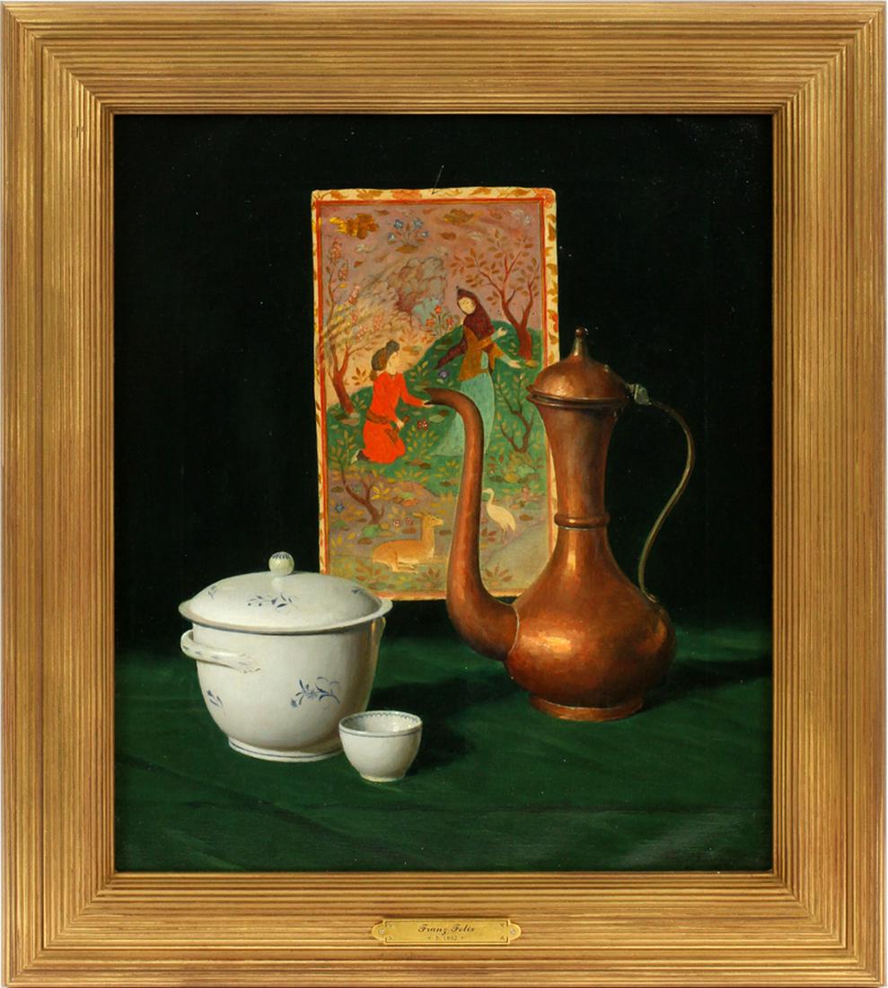 FRANZ FELIX OIL ON CANVAS STILL LIFE: FRANZ FELIX (AMERICAN 1892-1978), OIL ON CANVAS, H 16", L 14", STILL LIFE :Composition of Persian miniature, brass ewer, and ceramics. Framed signed lower right. H 20", L 18"