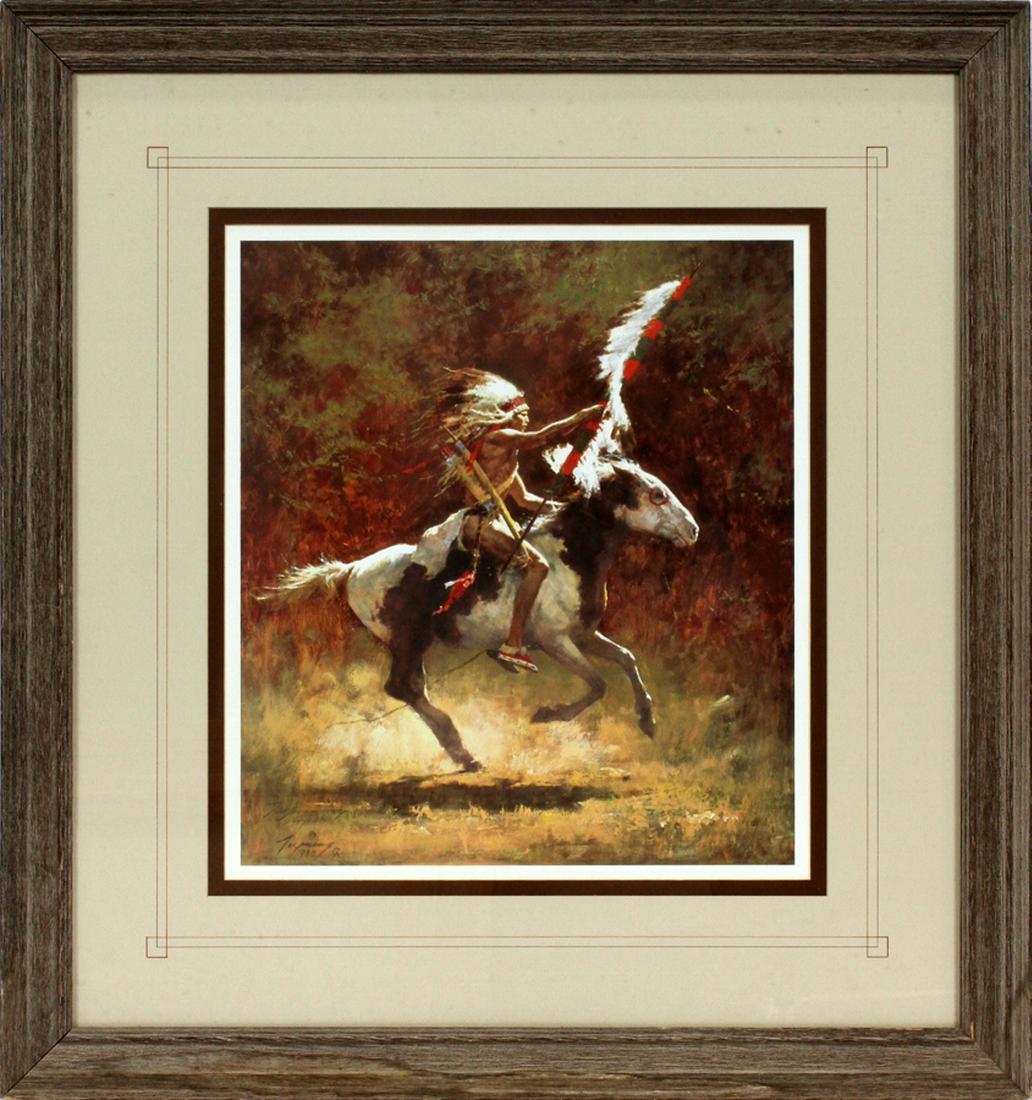 HOWARD TERPING HAND SIGNED AND NUMBERED PRINT: HOWARD TERPING HAND SIGNED AND NUMBERED PRINT,'SIOUX FLAG CARRIER', #248/1000 DATED "1980" H 18" W 16" :Signed and dated at the lower-left corner. Depicting a Sioux warrior on a galloping horse. Matte