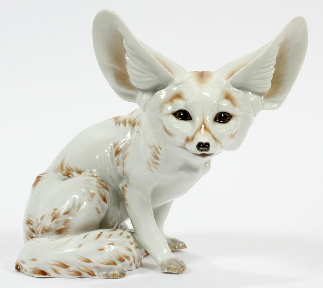 AUGARTEN, AUSTRIA, PORCELAIN FIGURINE, C1924: AUGARTEN, AUSTRIA, PORCELAIN FIGURINE, C1924, H 6", W 6 1/2", D 4", DESERT FOX :Depicts a small fox with a white body with light brown highlights, black eyes. Marked 'Augarten Austria' on the undersid