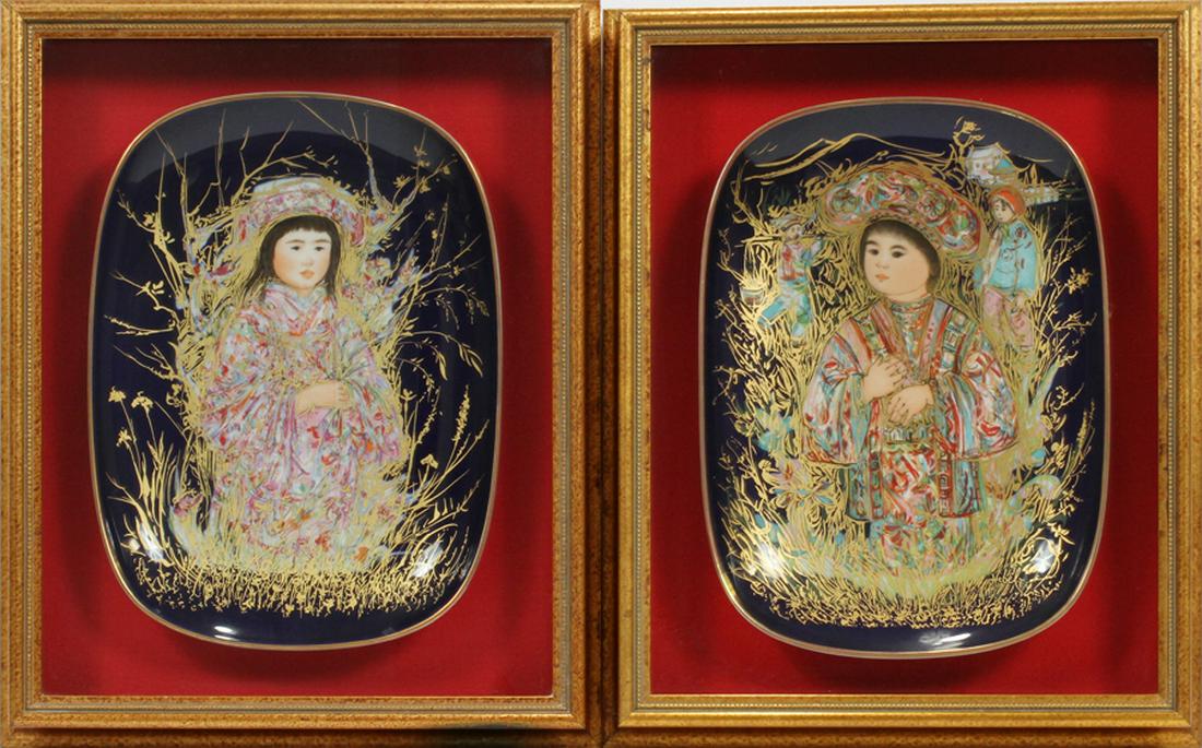 EDNA HIBEL PORCELAIN PLATES, H 15", W 11": EDNA HIBEL (AMERICAN, 1917-2014) PORCELAIN PLATES, H 15", W 11" :A pair of framed Edna Hibel porcelain plates depicting Chinese children. Actual measurements are 15" tall by 10.75" wide. Frames measur