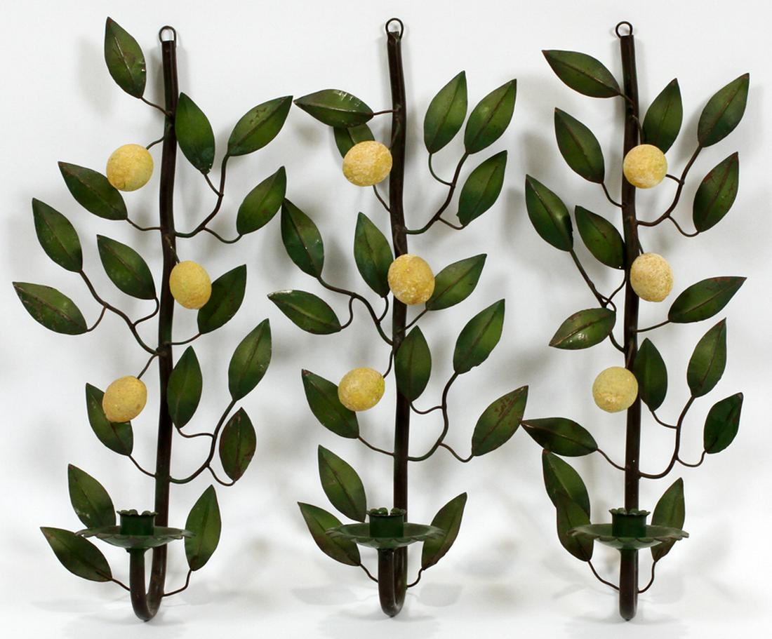 ITALIAN FLORAL DESIGN ENAMEL & METAL WALL SCONCES: ITALIAN FLORAL DESIGN ENAMEL & METAL WALL SCONCES H 17 1/2" , W 7" :Three Italian metal and enamel wall sconces. Having a foliate design interspersed with fruit.