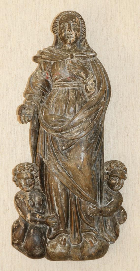 CARVED WOOD SCULPTURE, MADONNA WITH ANGELS: CARVED WOOD SCULPTURE, H 27.5", L 13.5", MADONNA WITH ANGELS :A carved religious wall mount and sculpture. This piece depicts the figure of Madonna with angels at her feet. Presented with an antique f