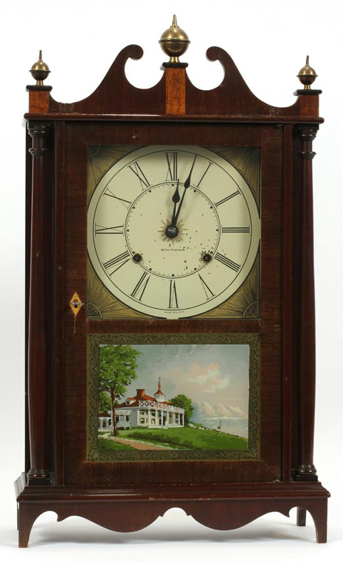 SETH THOMAS,: SETH THOMAS, 'CAMBRIDGE' MAHOGANY MANTEL CLOCK, 19TH C, H 25", W 14" :Having a mahogany case, hand painted clock face with Roman numerals and a glass panel depicting Mt. Vernon. 8-Day movement strikin