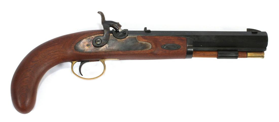 LYMAN PLAINS PISTOL REPRODUCTION PERCUSSION CAP: LYMAN PLAINS PISTOL REPRODUCTION, .54 CAL PERCUSSION CAP L 7" BBL, A567710 :Made in Italy, a reproduction percussion cap pistol with a walnut stock and blued octagon 7" barrel and hickory ramrod. Fixe