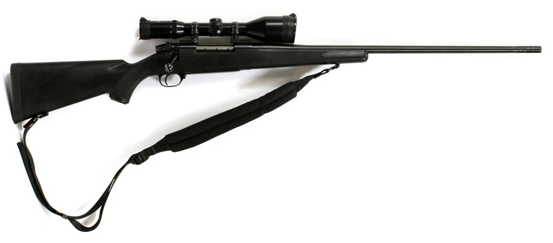 WEATHERBY MARK V BOLT-ACTION .338 WIN MAG RIFLE: WEATHERBY MARK V, BOLT-ACTION .338 WIN MAG CAL RIFLE, AND SCOPE, L 28BBL, #H272389 :Having a one-piece composite stock, blued finish, .338 Winchester Magnum caliber. Includes a Tasco scope and shoulde