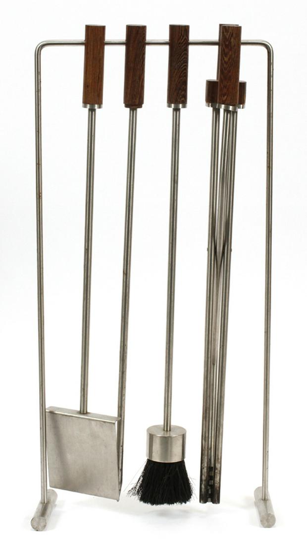 MCM MODERNIST WOOD & METAL FIREPLACE TOOLS: MCM MODERNIST WOOD & METAL FIREPLACE TOOLS, H 24", W 12" :A set of modernist wood and metal fireplace tools on a stand. Having wood handles and a brushed steel surface.