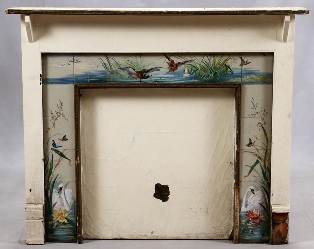 OLD CLUB HARSENS ISLAND WOOD TILE FIREPLACE MANTEL: OLD CLUB HARSENS ISLAND HAND PAINTED, WOOD, TILE FIREPLACE MANTEL & TILE SURROUND H 44" W 52" D 7" :A wooden fireplace mantel with a hand-painted tile surround. Tiles depict ducks and waterways. This 