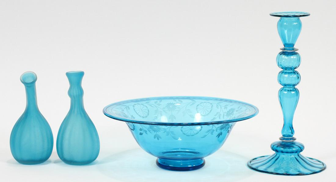 SATIN GLASS AND ETCHED GLASS VASES, BOWL: SATIN GLASS AND ETCHED GLASS VASES, BOWL, CANDLESTICK 4 H 10" DIA 10" :Four blue glass items, including a pair of ribbed satin glass bud vases, an etched glass bowl, and a candlestick. The vases measu