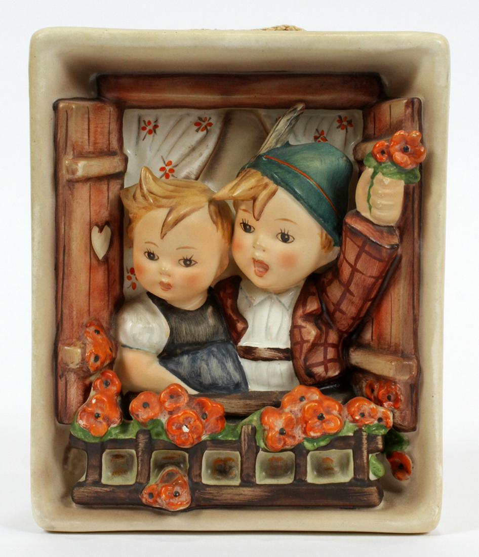 M.J. HUMMEL, #125, GERMAN BEE HALLMARK, PLAQUE: M.J. HUMMEL, #125, GERMAN BEE HALLMARK, PLAQUE, H 5", W 4", D 1 1/2" :Hummel Signed and Hallmarked, #125, in-relief embossed. depicts a window with a singing boy & girl,