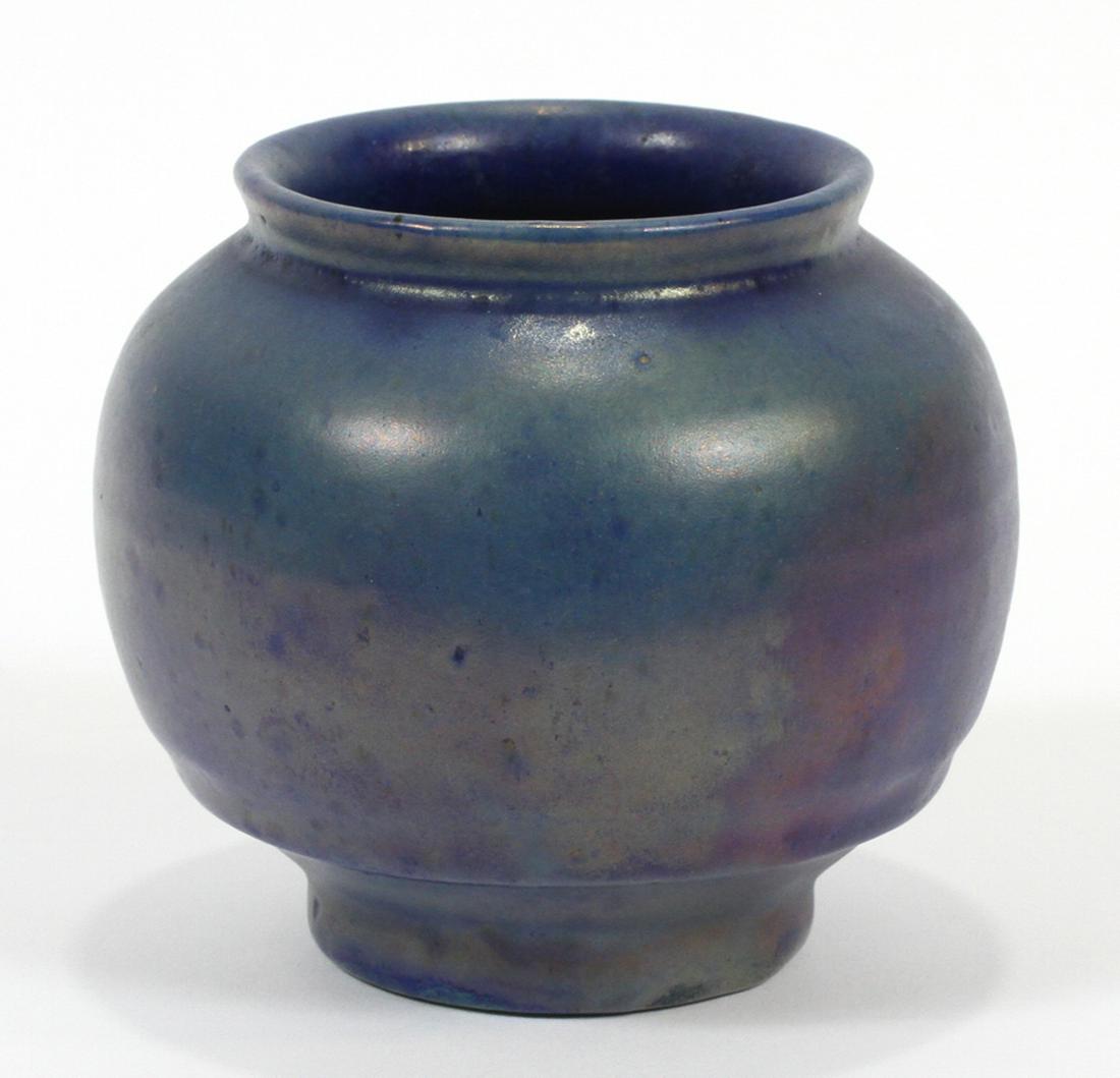 PEWABIC POTTERY VASE H 4" DIA 4.5": PEWABIC POTTERY VASE H 4" DIA 4.5" :Pewabic Pottery vase with a blue iridescent glaze. The vase was given to the consignor's family in 1920.