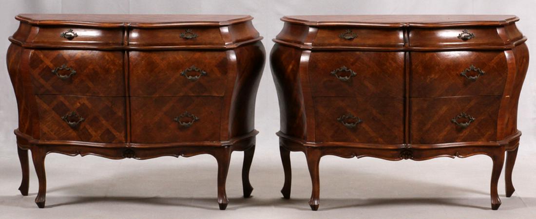 WALNUT BOMBAY 3 DRAWER COMMODES, CIRCA 1950 PAIR: WALNUT BOMBAY 3 DRAWER COMMODES, CIRCA 1950 PAIR, H 32", W 44", D 16" :Venetian style. Serpentine front.