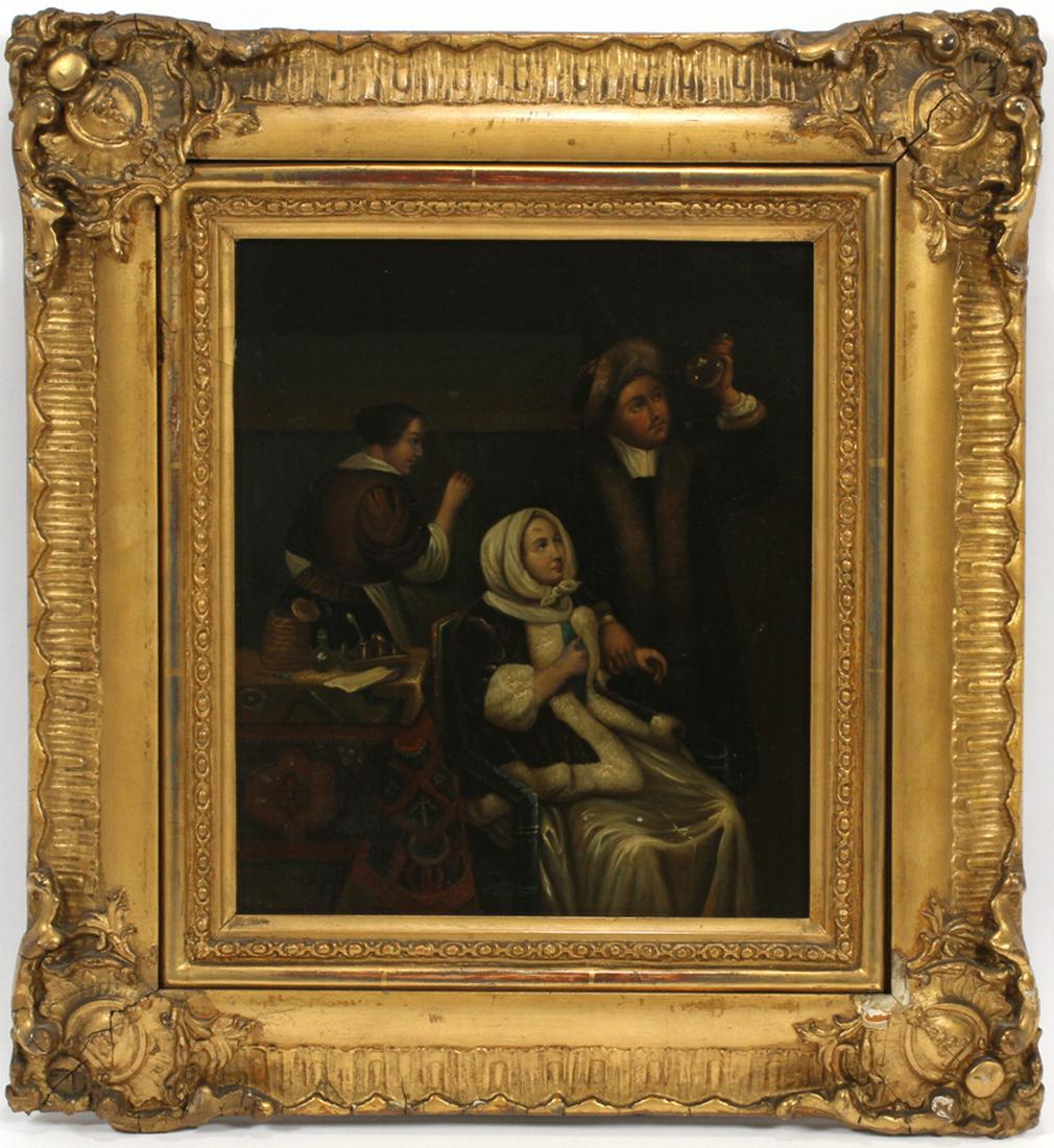 GERMAN GENRE - BILD PAINTING ON METAL, PAINTING: GERMAN GENRE - BILD PAINTING ON METAL, PAINTING H 11 1/2", W 9 3/4" :A German genre painting depicting a woman consulting with a doctor in a domestic interior. The figures are wearing seventeenth cent