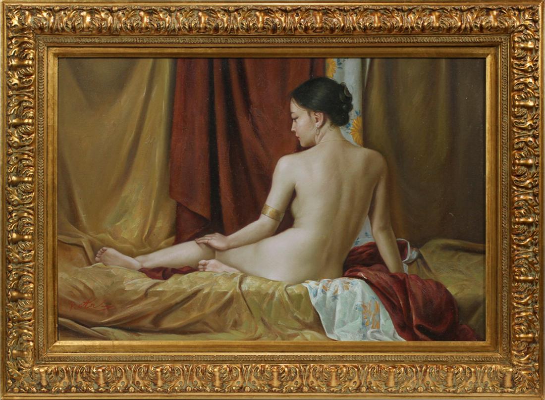 OIL ON CANVAS, 20TH C. NUDE RECLINING FEMALE: OIL ON CANVAS, 20TH C., H 23.5", L 35", NUDE RECLINING FEMALE :An oil on canvas. Depicting a nude woman resting on a bed with draperies in the background. Artist's illegible signature to the lower lef