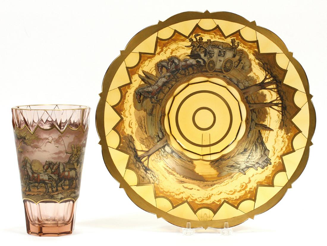 J.M. POHL & FREUDCOVA MOSER BOWL & VASE: J.M. POHL & FREUDCOVA MOSER GILDED PEN SKETCH ENGLISH COACHING SCENES, GLASS, CENTERPIECE BOWL & VASE H 8" D 13" :A centerpiece bowl and vase of glass with gilded transfer prints depicting English coa