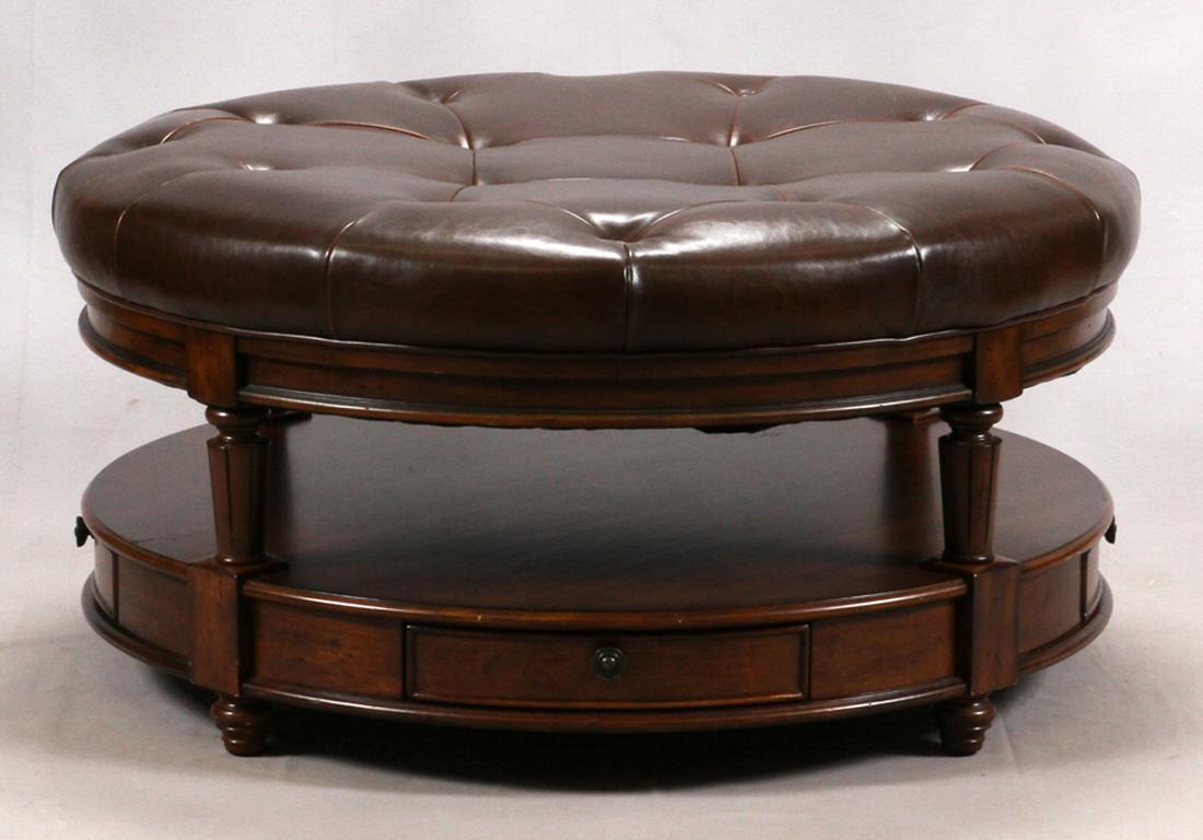 MAITLAND-SMITH TUFTED OTTOMAN, H 21", DIA 43": MAITLAND-SMITH TUFTED OTTOMAN, H 21", DIA 43" :A Maitland-Smith tufted ottoman.