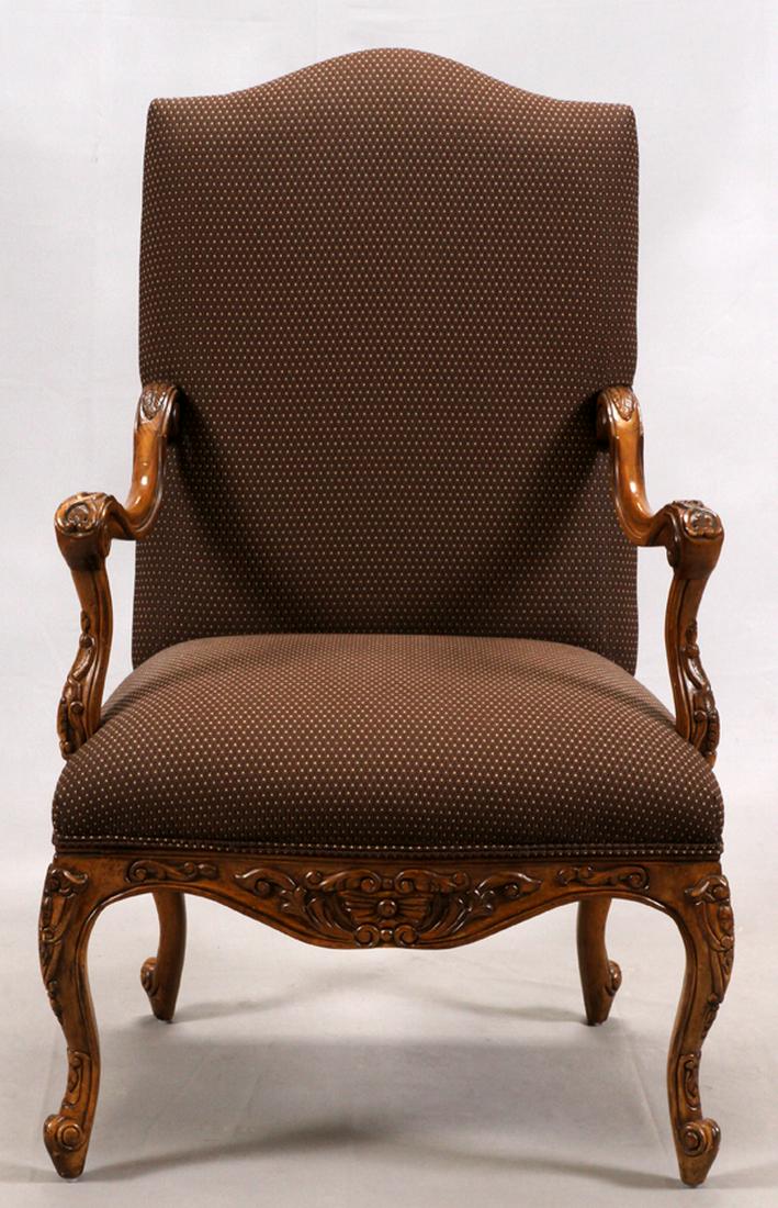 HENREDON UPHOLSTERED ARMCHAIR: HENREDON UPHOLSTERED ARMCHAIR, H 50", W 29", D 25" :A Henredon upholstered armchair. Manufacturer's tag to the underside.