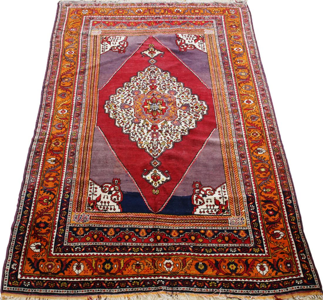 TURKISH, HAND WOVEN RUG, W 5' 7", L 8' 6": TURKISH, HAND WOVEN RUG, W 5' 7", L 8' 6" :All wool. Purple primary color. , 5' 7".