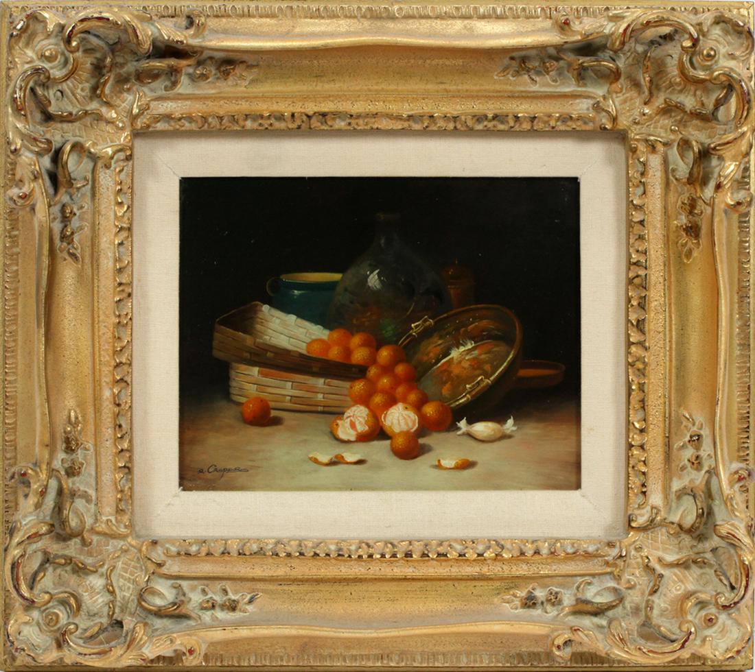 R. CASPERS, OIL ON BOARD, STILL LIFE: R. CASPERS, OIL ON BOARD, STILL LIFE OF A BASKET OF ORANGES H 8" W 10" :Still life of a basket of oranges with a jug and copper pot. From the Karner estate.
